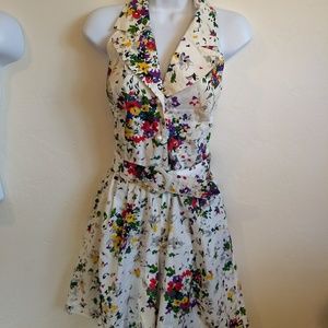 Vintage floral white halter collar Sun dress belt